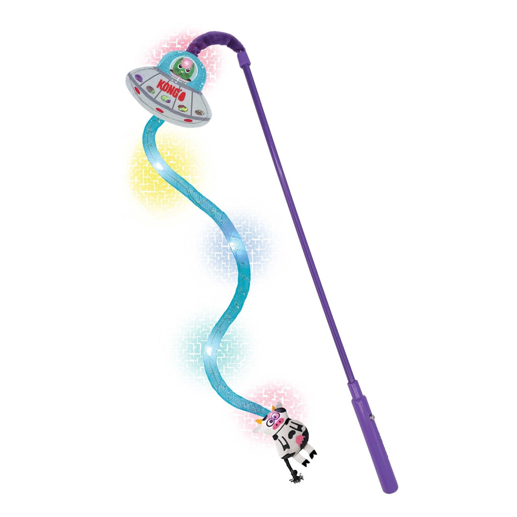 Purple cat teaser wand with UFO-style disc and blue spring track