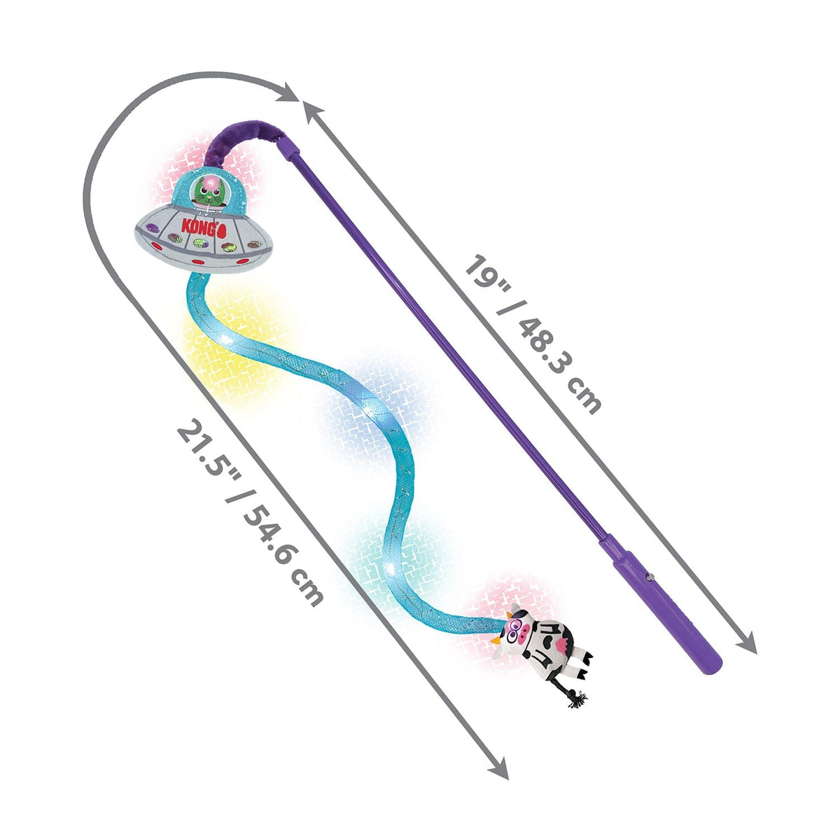 Purple cat teaser wand with UFO disc and blue spring track, side view diagram