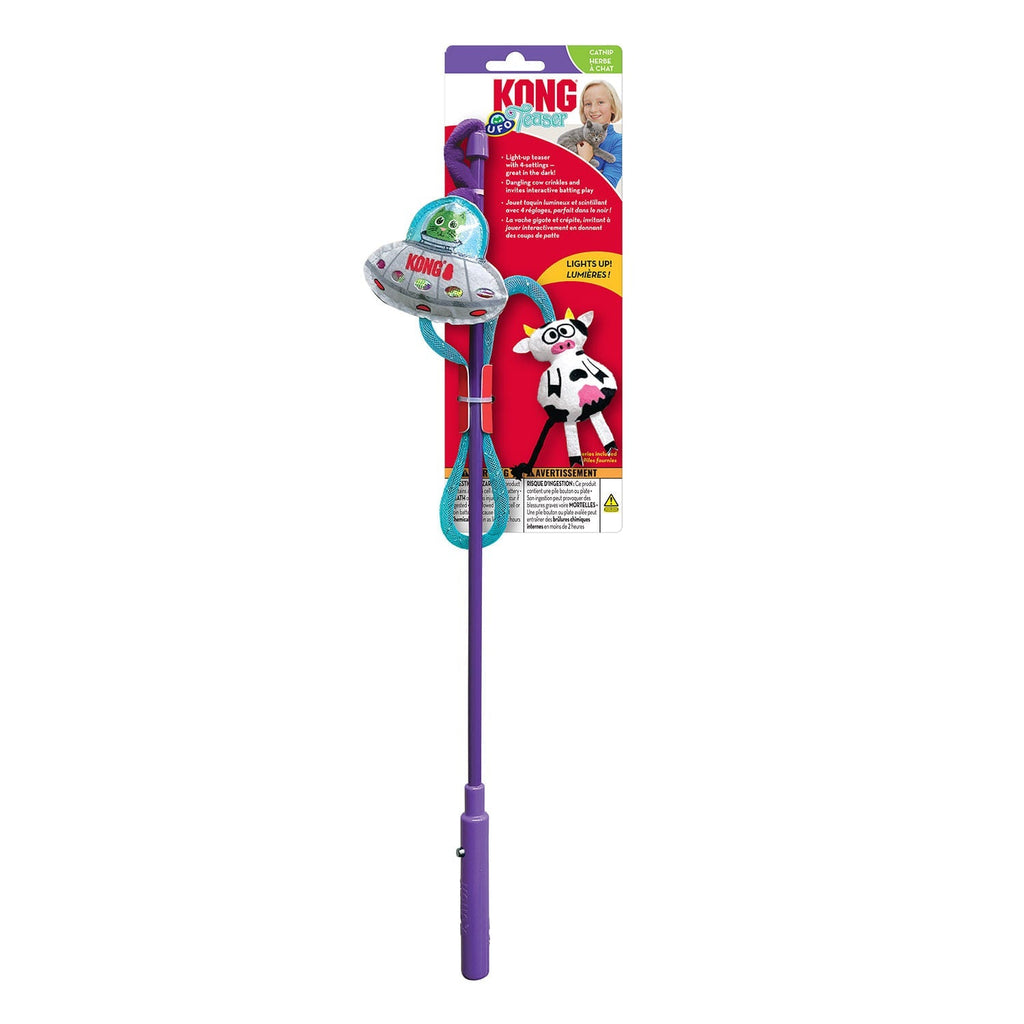 KONG UFO cat teaser toy on blister card with purple wand and blue spring track