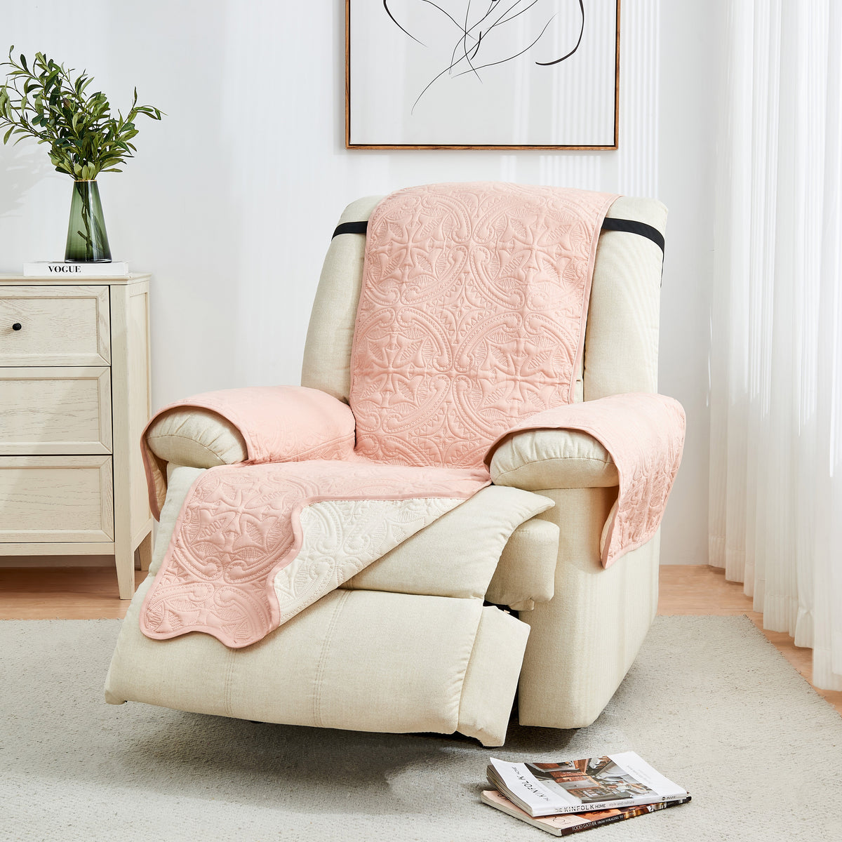 Dusty rose recliner protector with medallion quilt pattern and cream panels