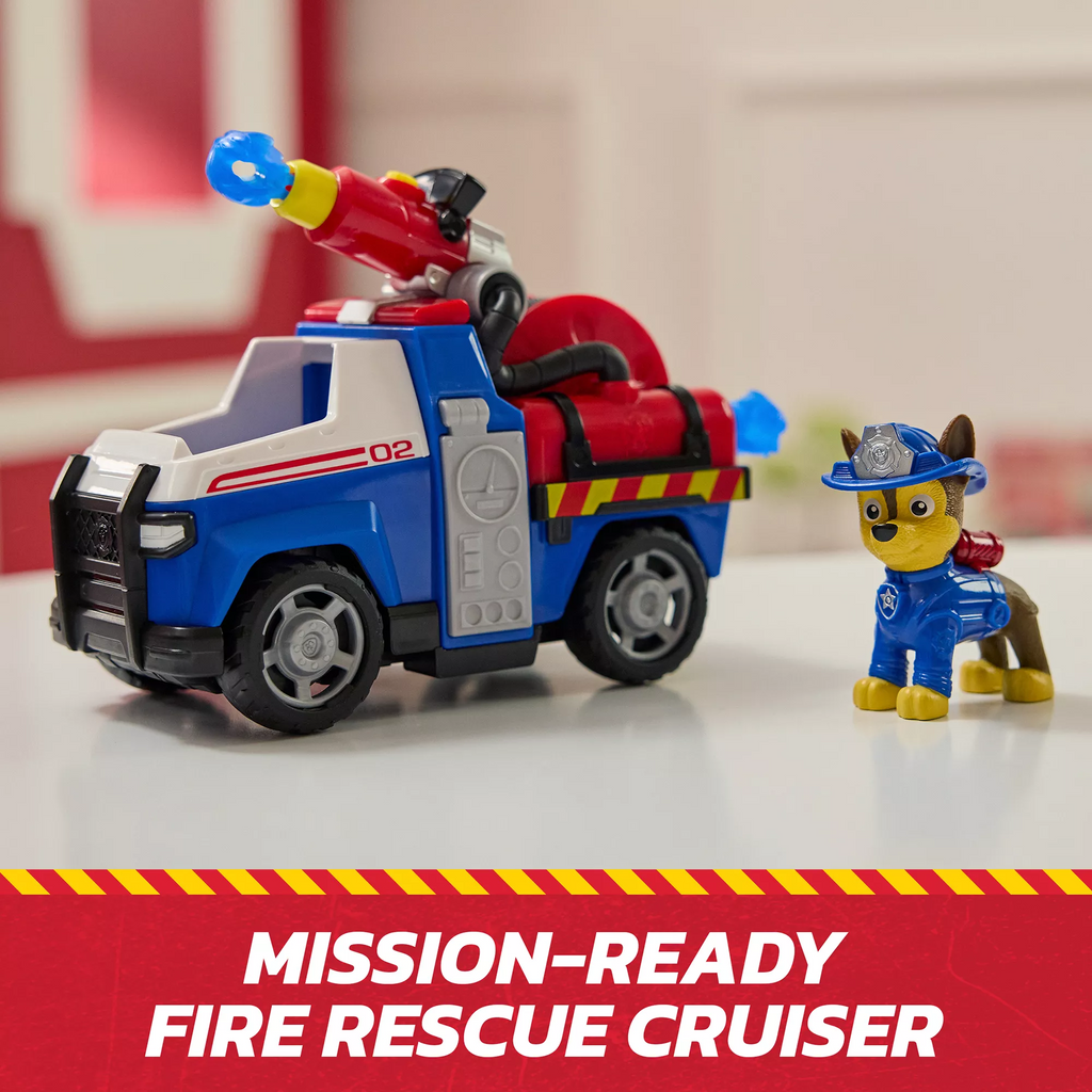 Blue fire rescue cruiser toy with red fire launcher and Chase action figure
