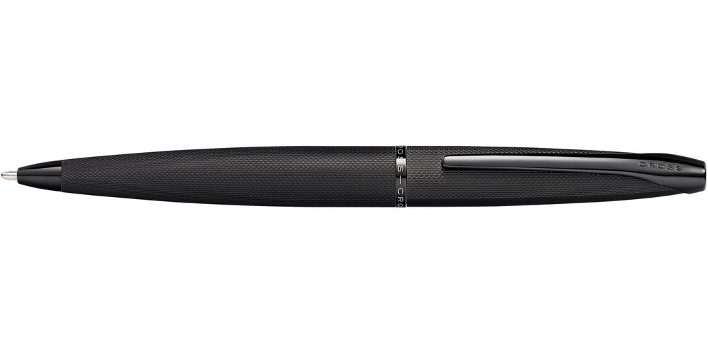 Black ballpoint pen side profile with clip and brushed barrel