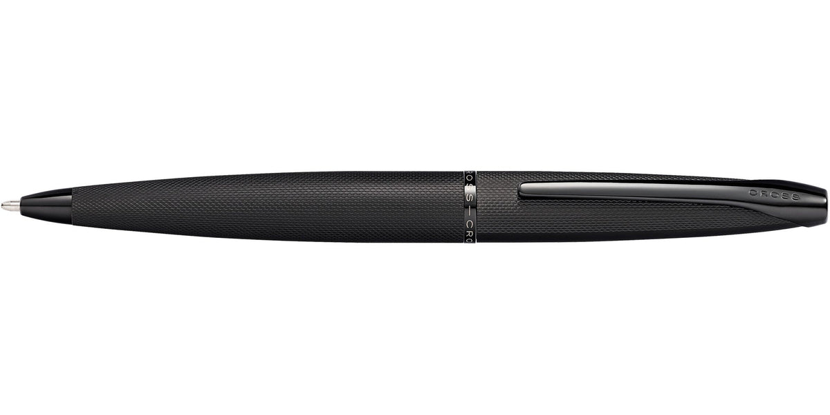 Black ballpoint pen side profile with clip and brushed barrel