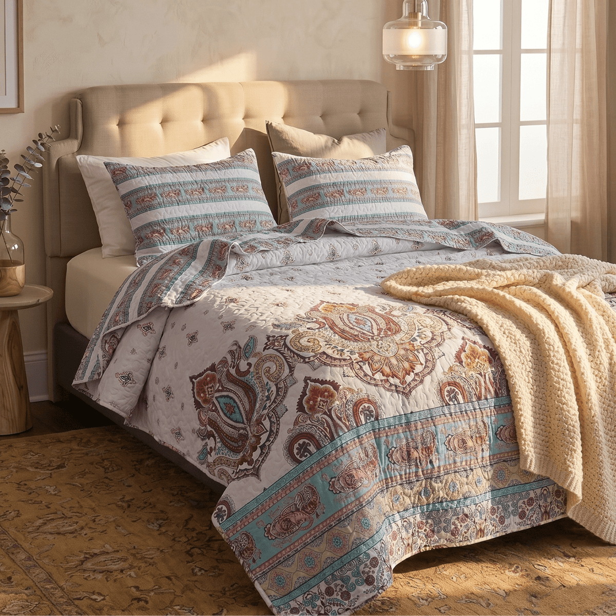 White paisley quilt set with blue and burgundy border, layered on a bed with pillows
