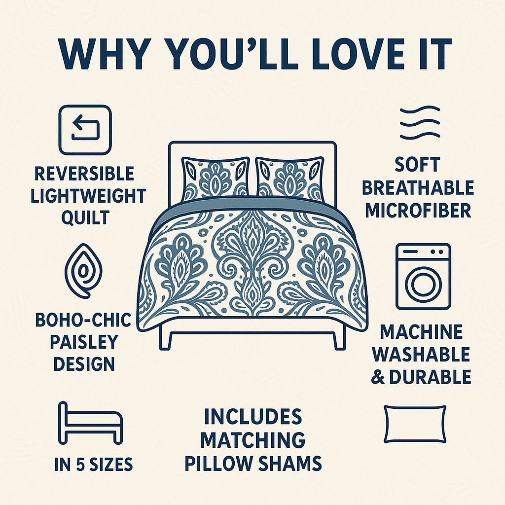 Reversible quilt set infographic with matching pillow and machine-wash icons
