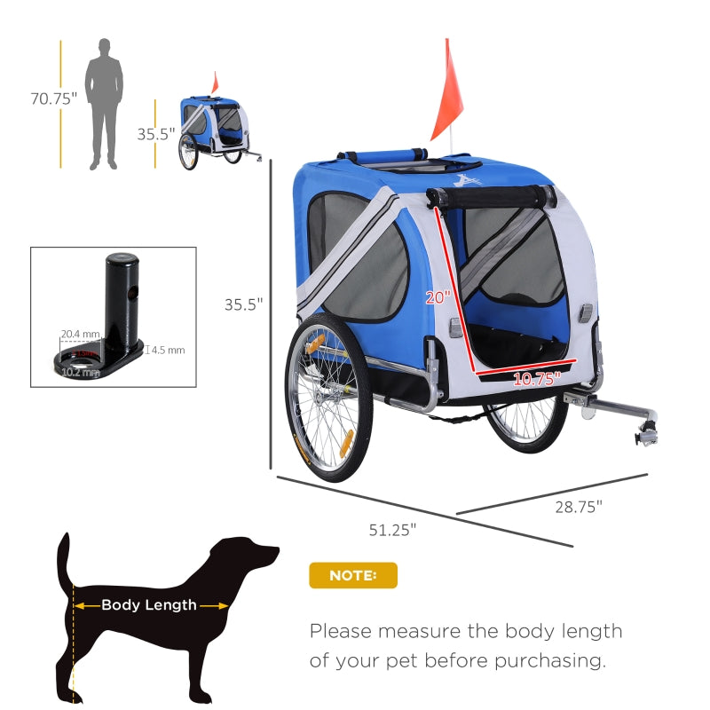 Blue pet bike trailer side view with safety flag and rear door mesh window