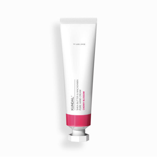 KUNDAL cherry blossom hand cream tube, white with magenta base and screw cap