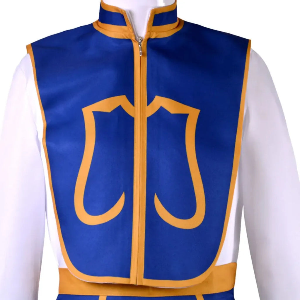 Blue cosplay vest front with gold trim and large decorative emblem