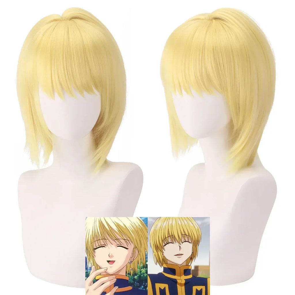 Blonde cosplay wig with straight bangs, two front angles on headform