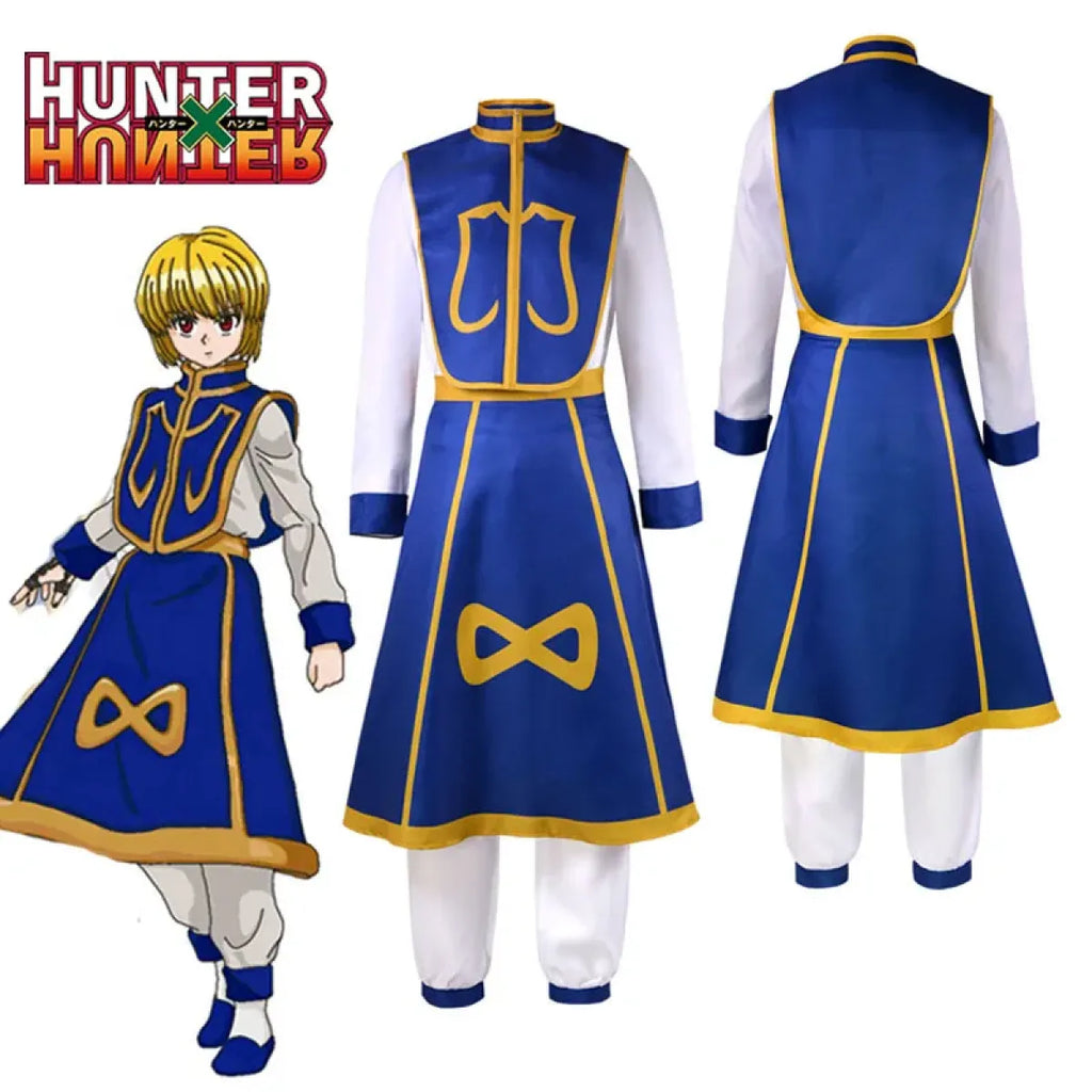 Blue and gold cosplay coat dress with emblem, long sleeves, and back view