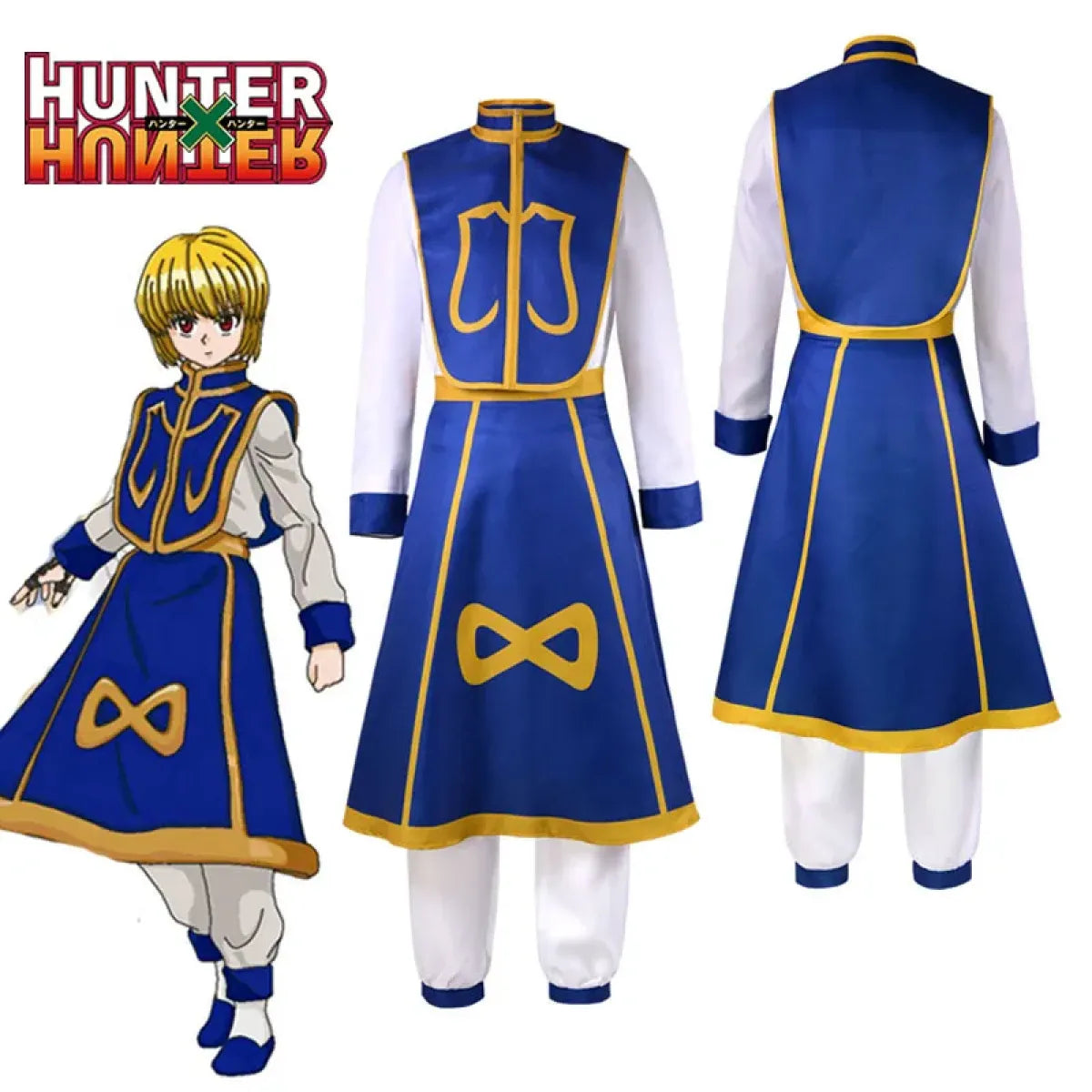 Blue and gold cosplay coat dress with emblem, long sleeves, and back view