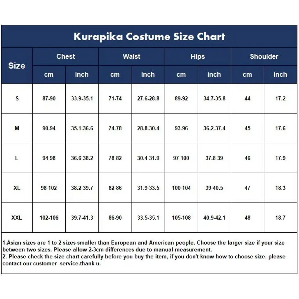 Cosplay size chart table with chest, waist, hips, and shoulder measurements