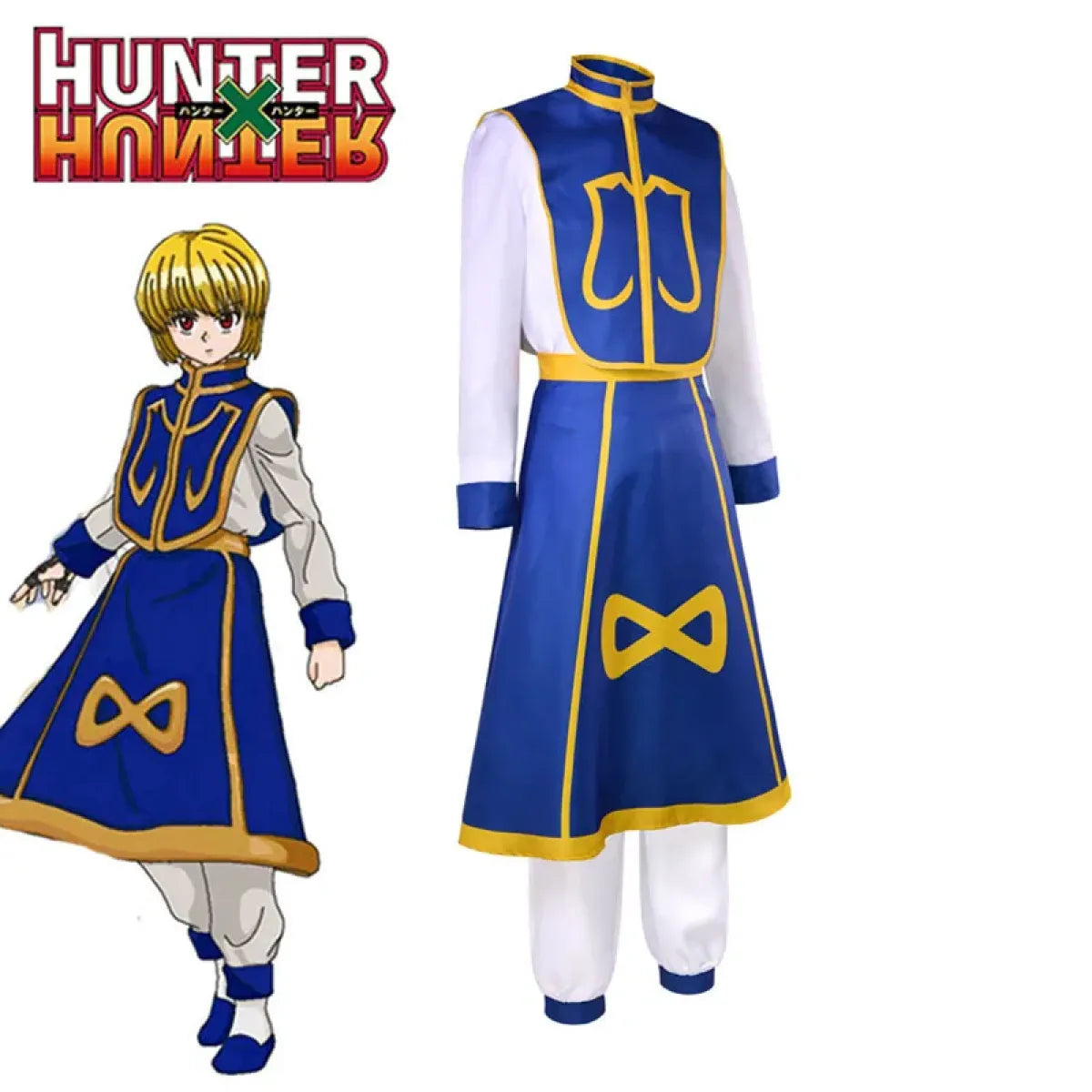 Blue and gold cosplay coat dress with gold trim and long white sleeves