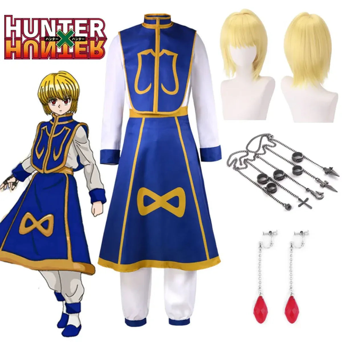 Blue cosplay coat dress with gold trim, white sleeves, matching wig and chain accessories
