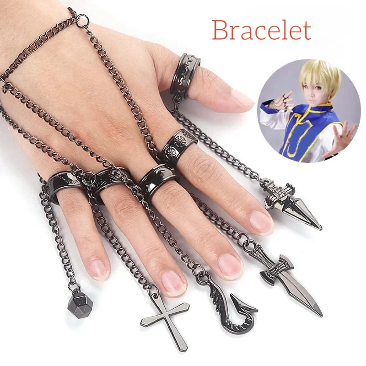 Metal chain bracelet set with sword and cross charms on hand