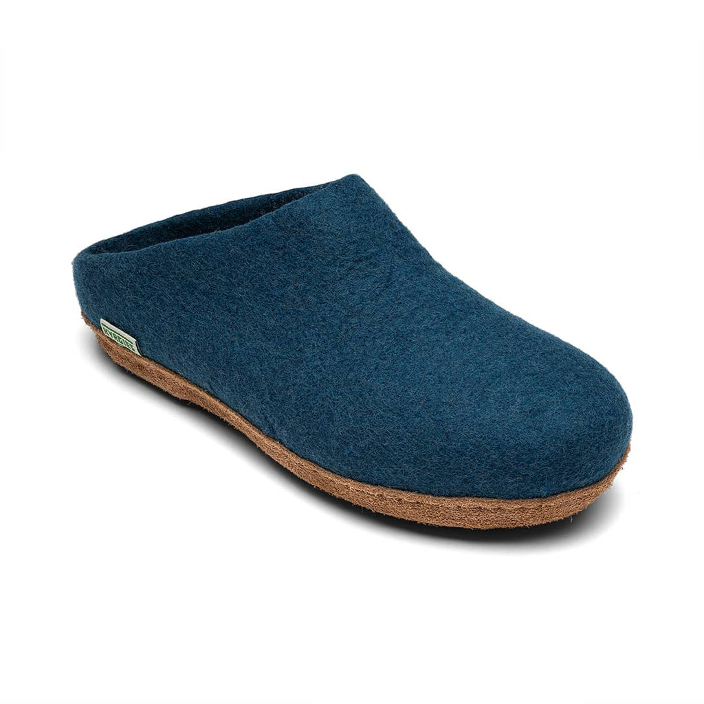 Deep blue low-back felt mule with molded sole and tan rubber edge