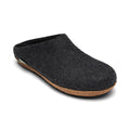 Dark charcoal gray low-back felt mule with molded sole and tan rubber edge