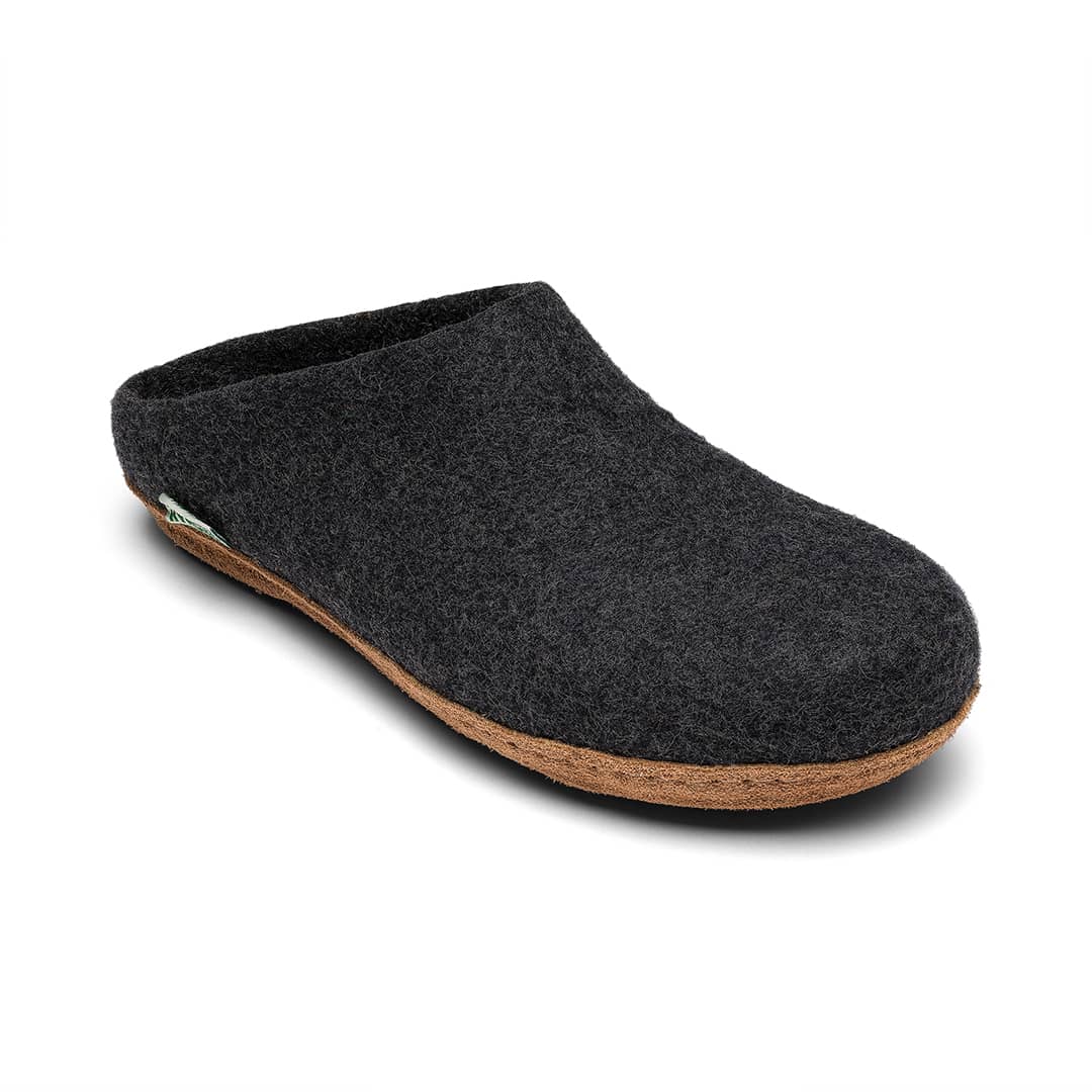 Dark charcoal gray low-back felt mule with molded sole and tan rubber edge