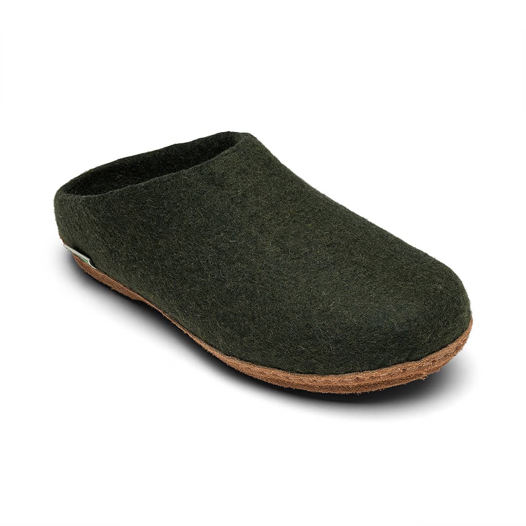 Low-back molded-sole felt mule slipper in dark green with tan rubber outsole