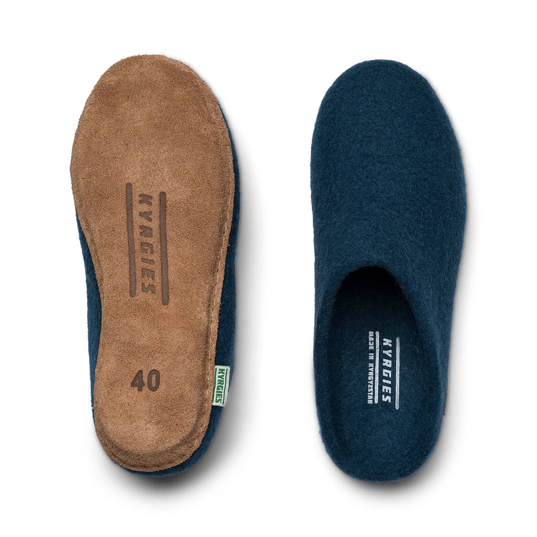 Blue felt mule insides and soles shown, with printed branding and size marking 40