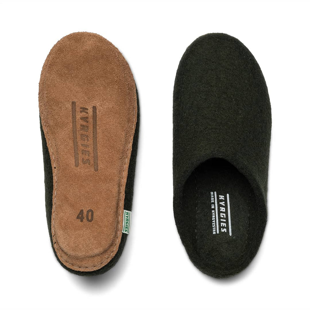 Low-back molded-sole slippers, oatmeal and charcoal felt uppers shown as a pair