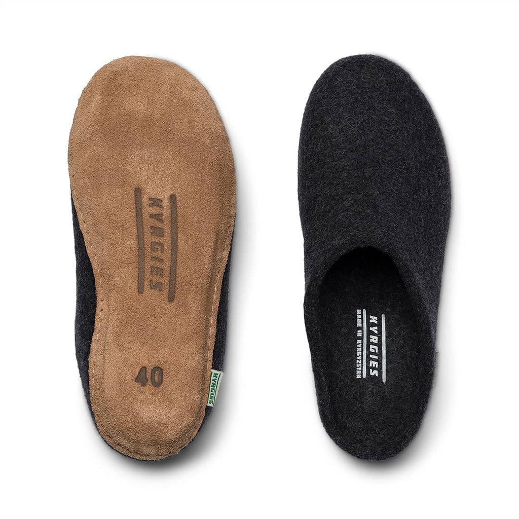 Low-back molded-sole slippers, oatmeal and charcoal felt uppers shown as a pair