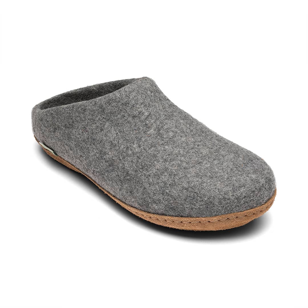 Charcoal gray low-back felt mule with molded sole and tan rubber edge