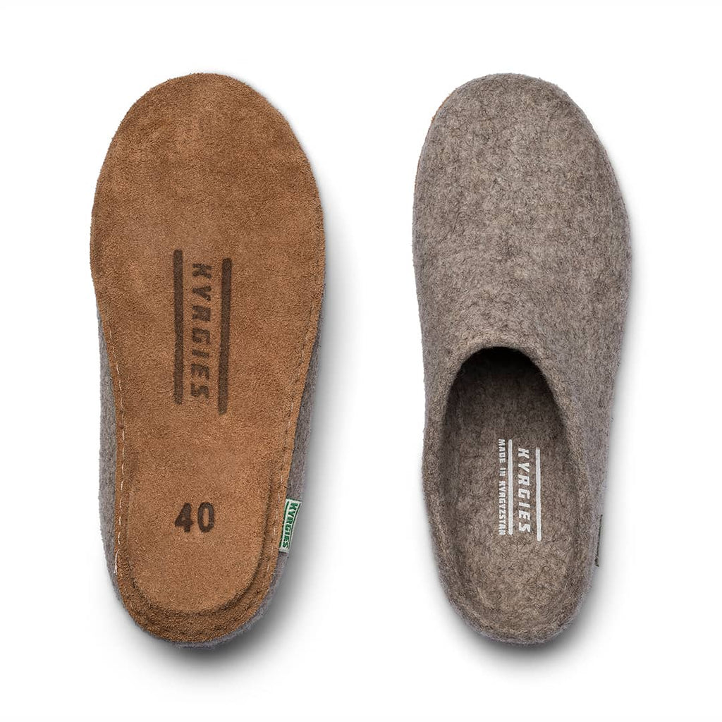 Oatmeal tan felt mule insides and soles shown, with printed branding and size 40