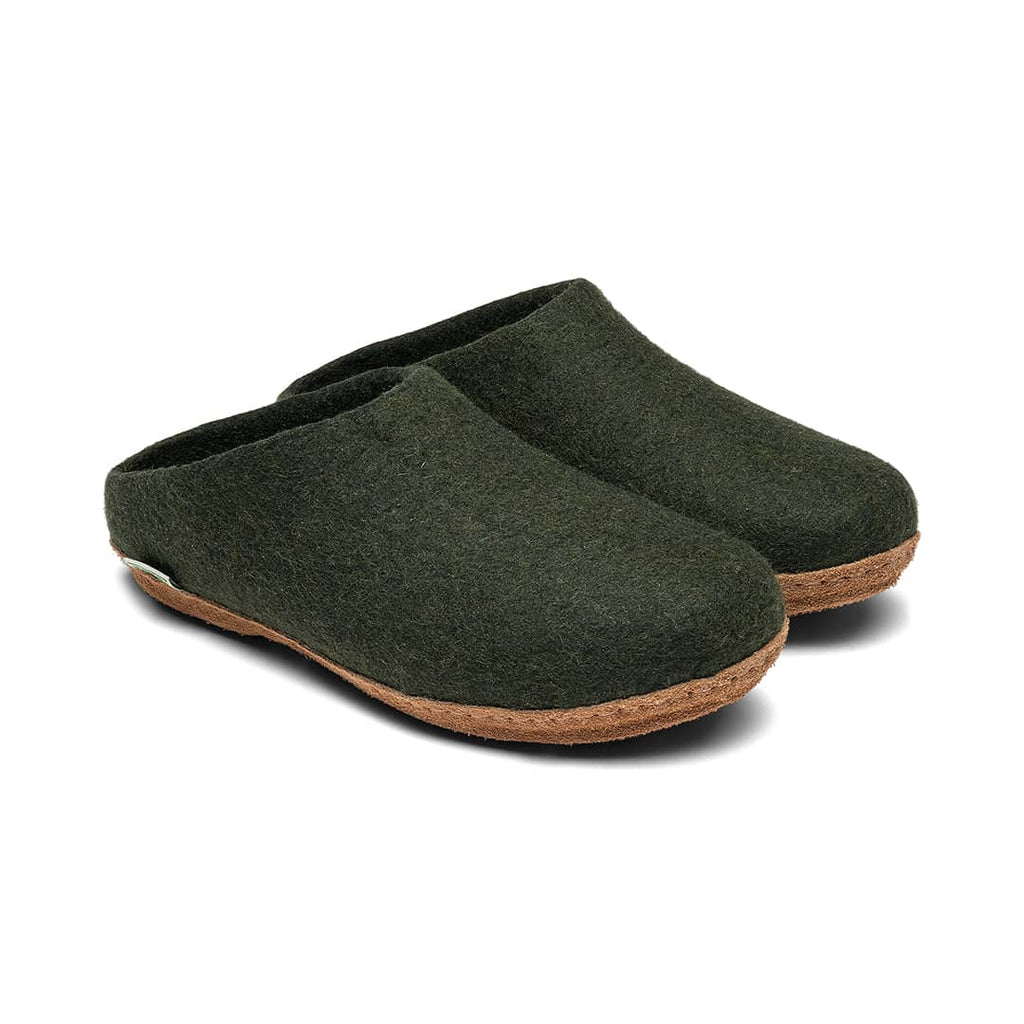 Low-back molded-sole felt mule slipper in dark green with tan rubber outsole