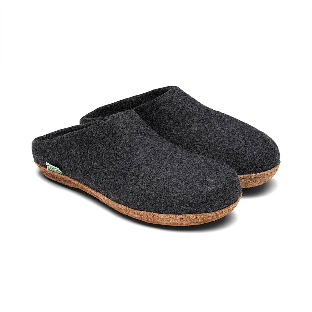 Charcoal gray low-back felt mule pair view, molded sole with tan rubber edge