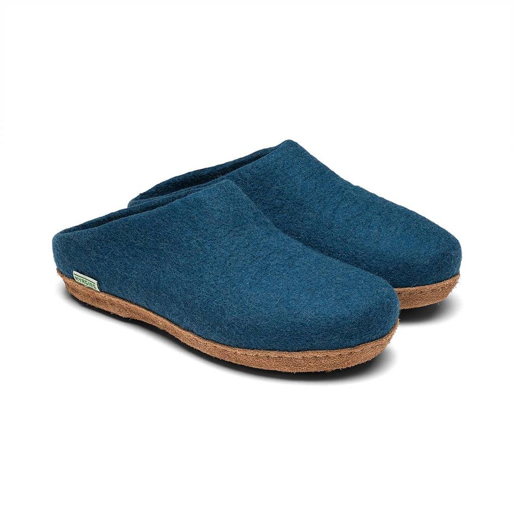 Deep blue low-back felt mule pair view, molded sole with tan rubber edge