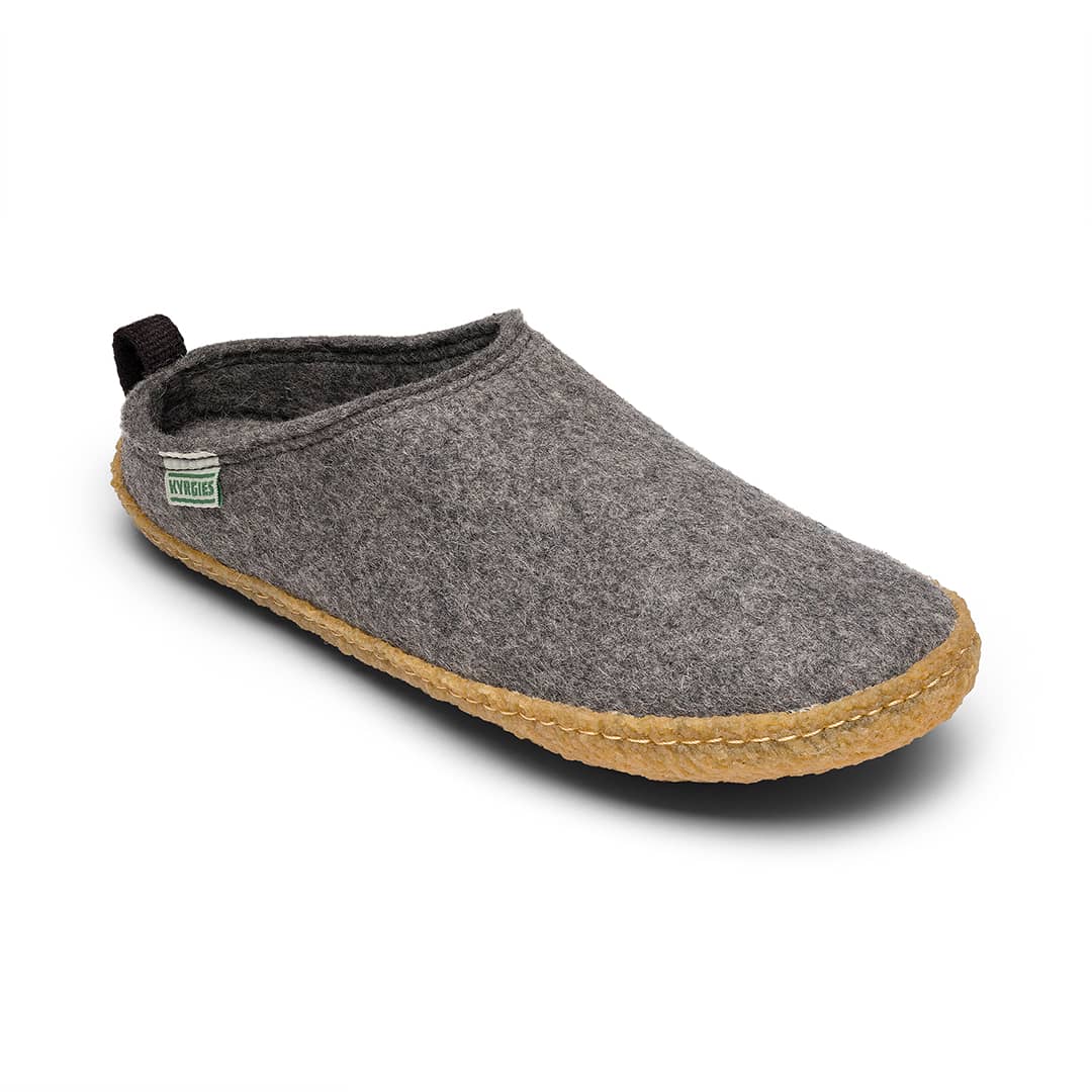 Outdoor wool slides in gray, open-toe slip-on with felt upper and textured sole