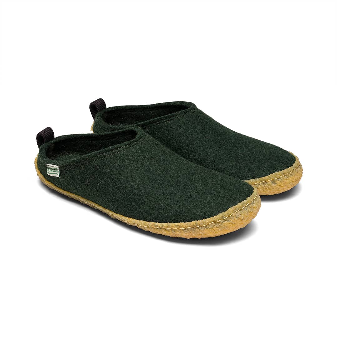 Outdoor wool slides in pine green, pair of open-toe slip-ons with felt upper