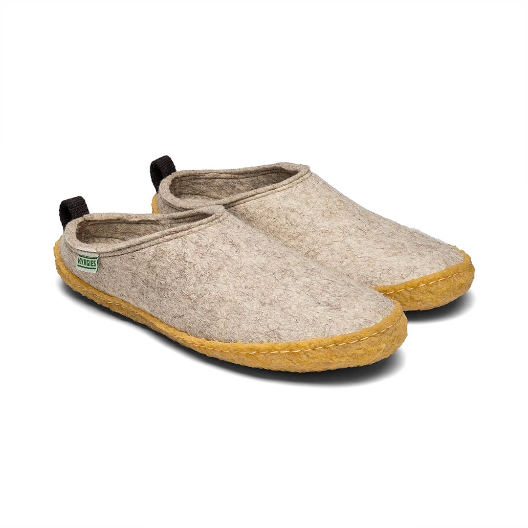 Outdoor wool slides in oatmeal, pair of open-toe slip-ons with felt upper