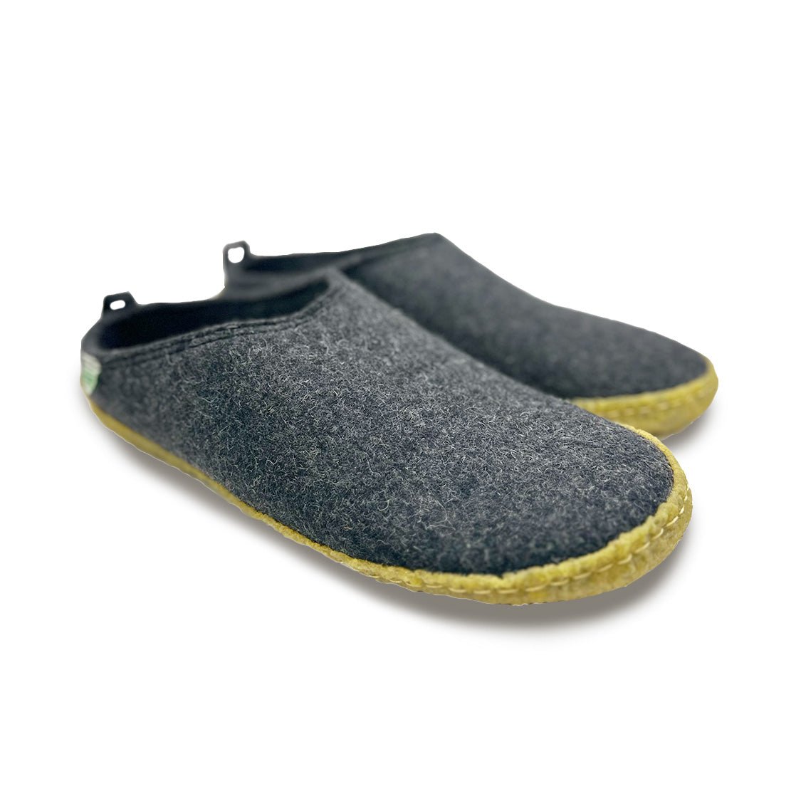 Kyrgies outdoor wool slip-on slides in charcoal gray with yellow rubber sole and heel loop.