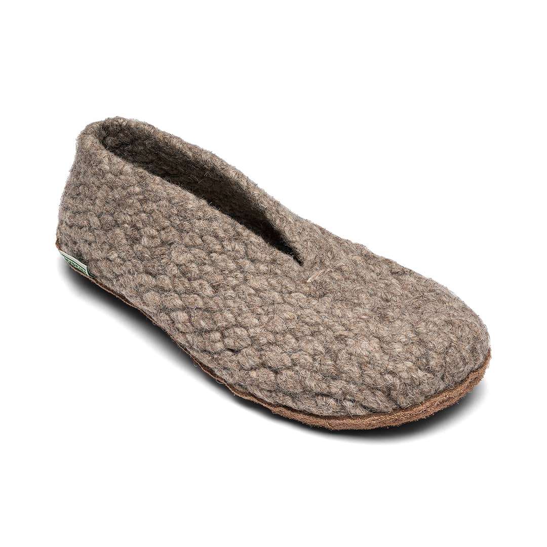 Oatmeal woven slip-on shoe with textured fabric and rounded toe