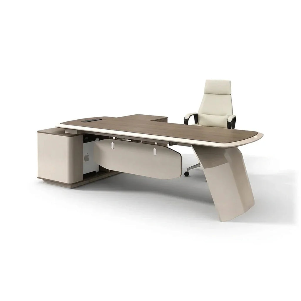 L-shaped executive desk with walnut-finish tabletop, white drawer pedestal, and return
