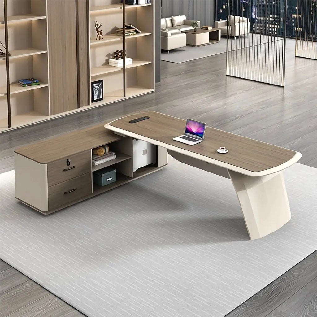 L-shaped desk with walnut top, open storage bay, and white return desk extension