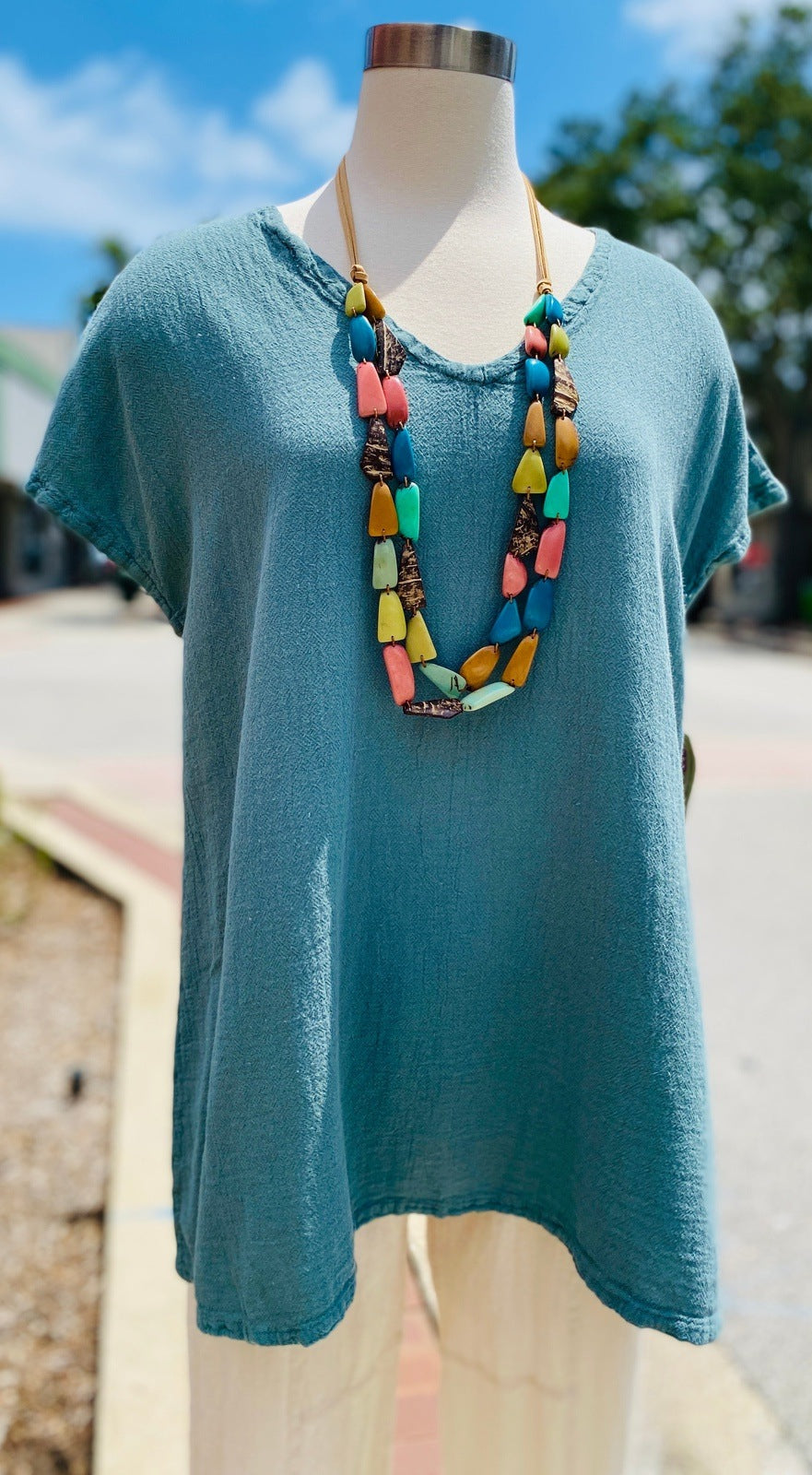 Betsy cotton gauze top, teal blue, V-neck, short sleeves, airy relaxed silhouette