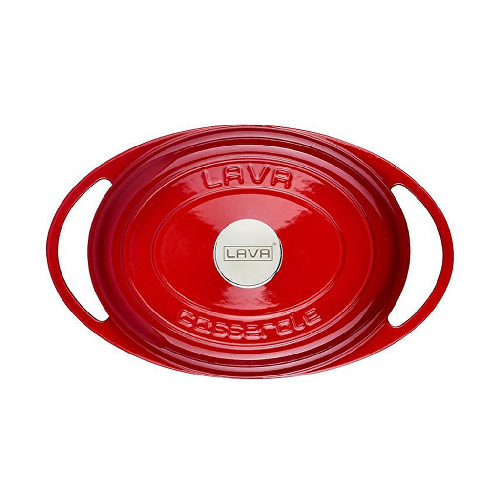 Red enamel oval pot with lid, LAVA label center and side loop handles