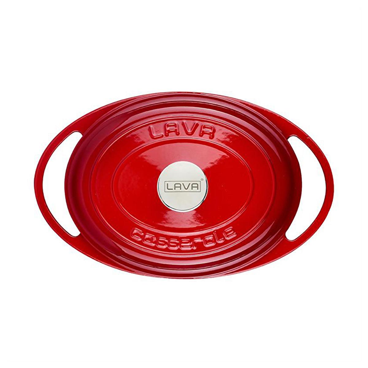 Red enamel oval pot with lid, LAVA label center and side loop handles