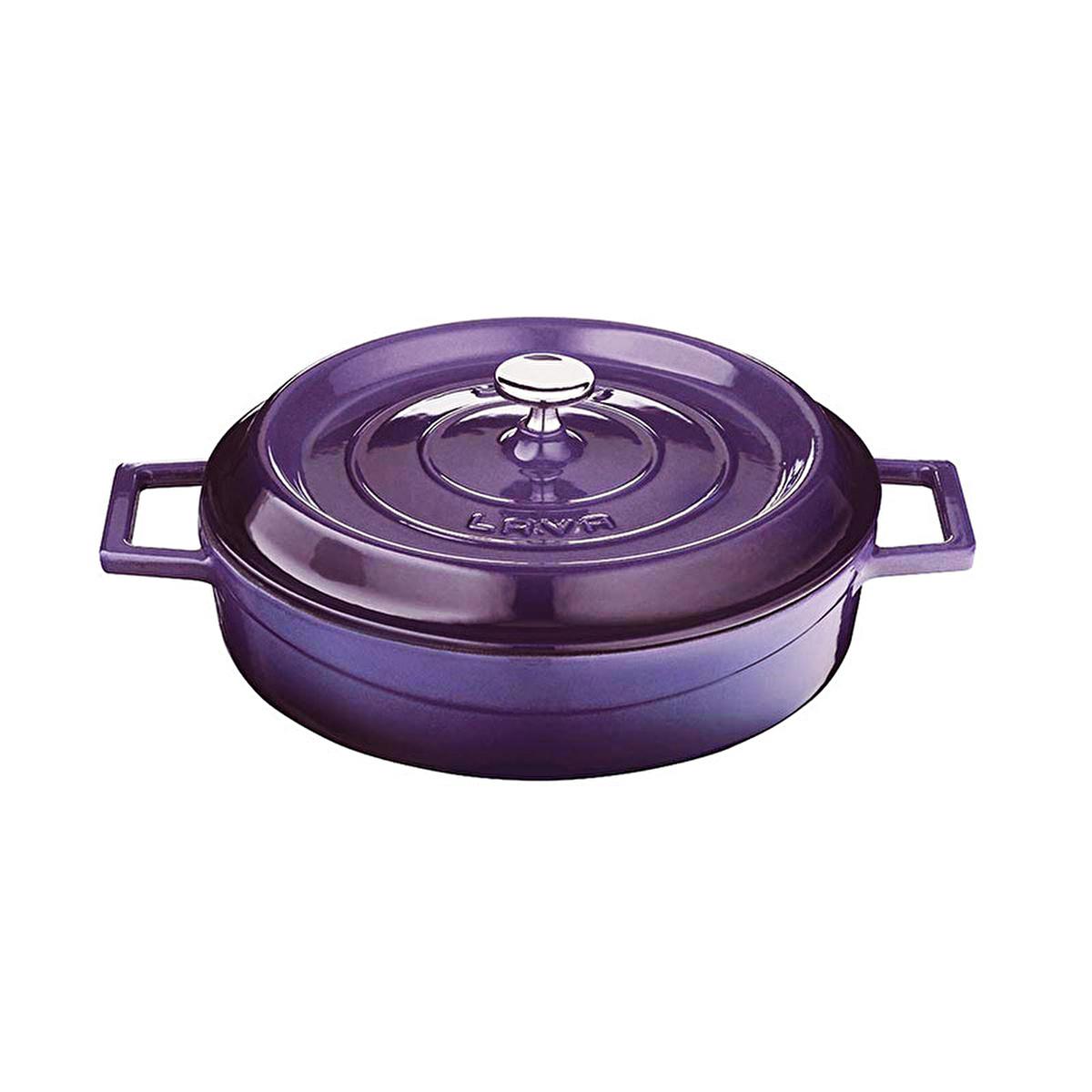 Purple enamel cast iron round pot with domed lid knob and side handles