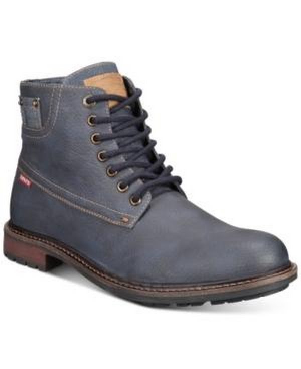 Navy lace-up high-top work boot with brown welt and rugged rubber outsole