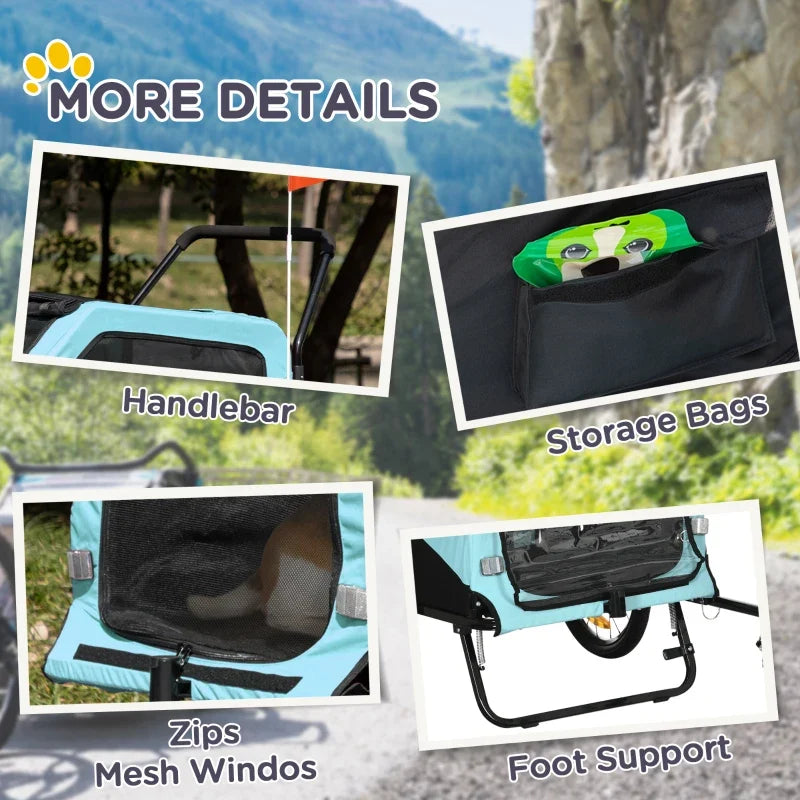 Blue dog trailer with storage bags, zip-on mesh windows, and foot support