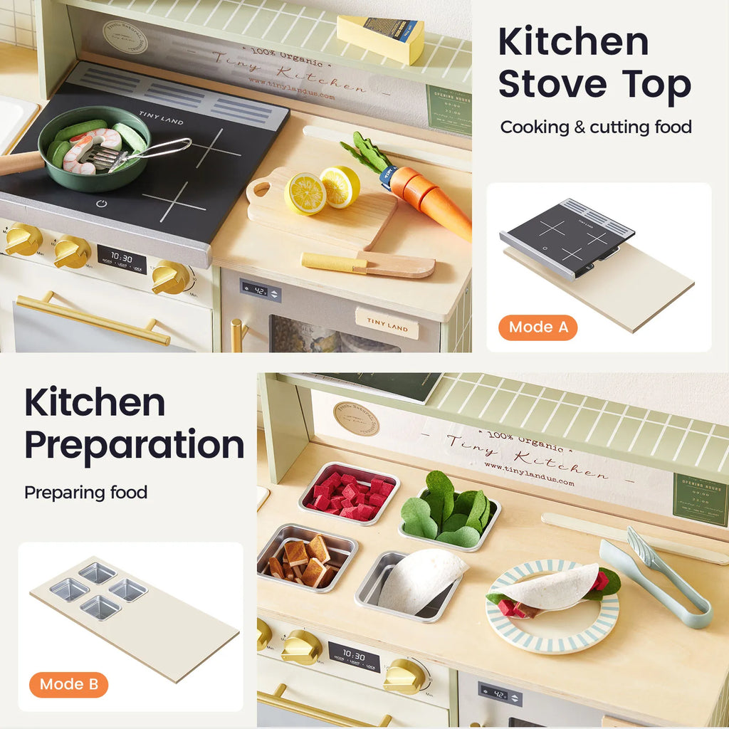 Kids play kitchen stove top and prep area, shown with cutting board and pots.