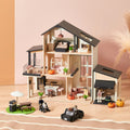 Wooden dollhouse playset with dark roof, garage, tiny furniture, and child dolls