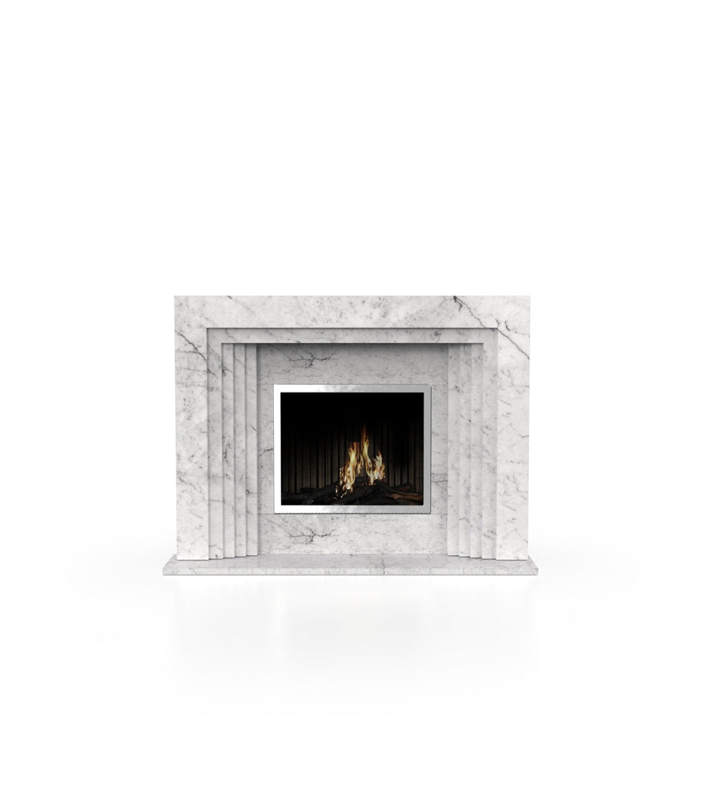 White marble fireplace mantel with rectangular black firebox and burning flames
