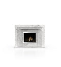 White marble fireplace mantel with rectangular black firebox and burning flames