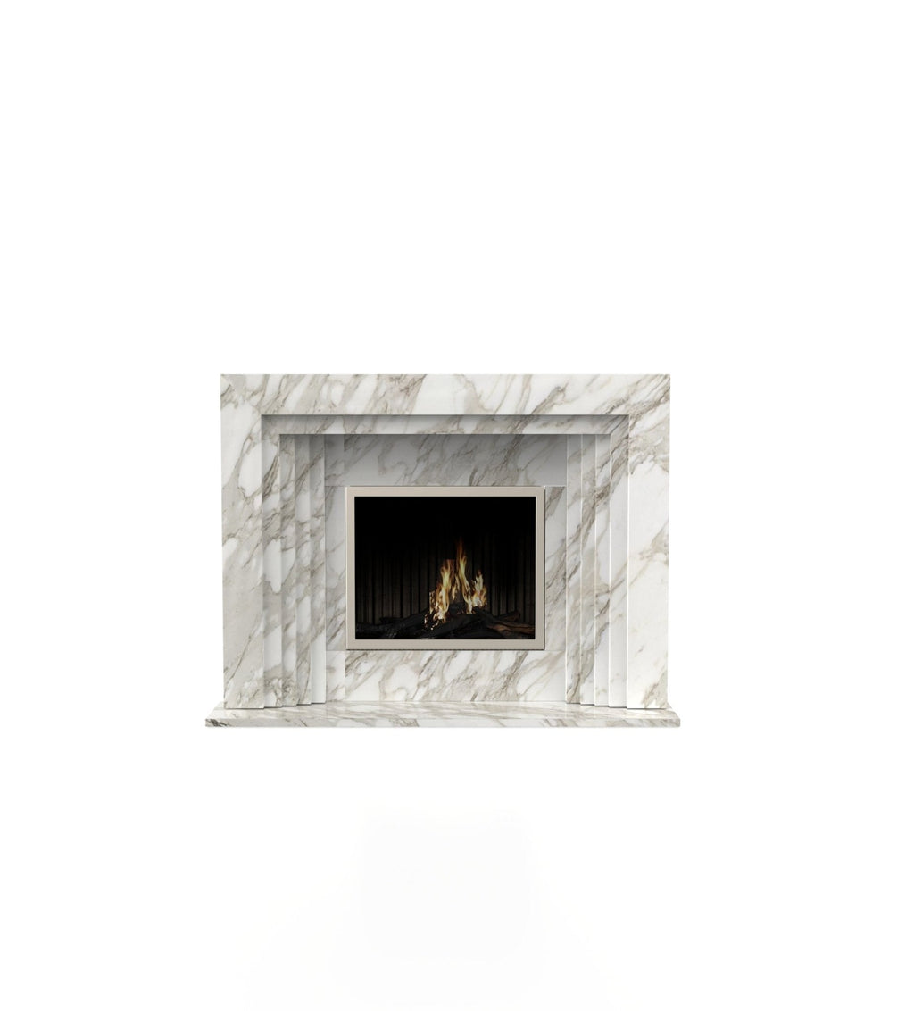 White marble fireplace surround with rectangular black firebox and visible flames