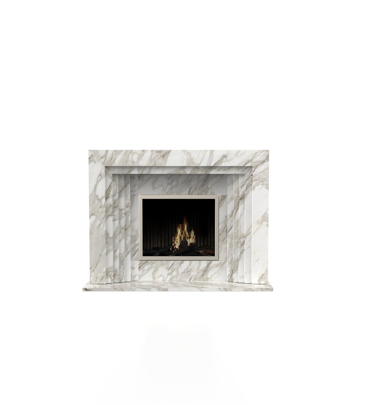 White marble fireplace surround with rectangular black firebox and visible flames